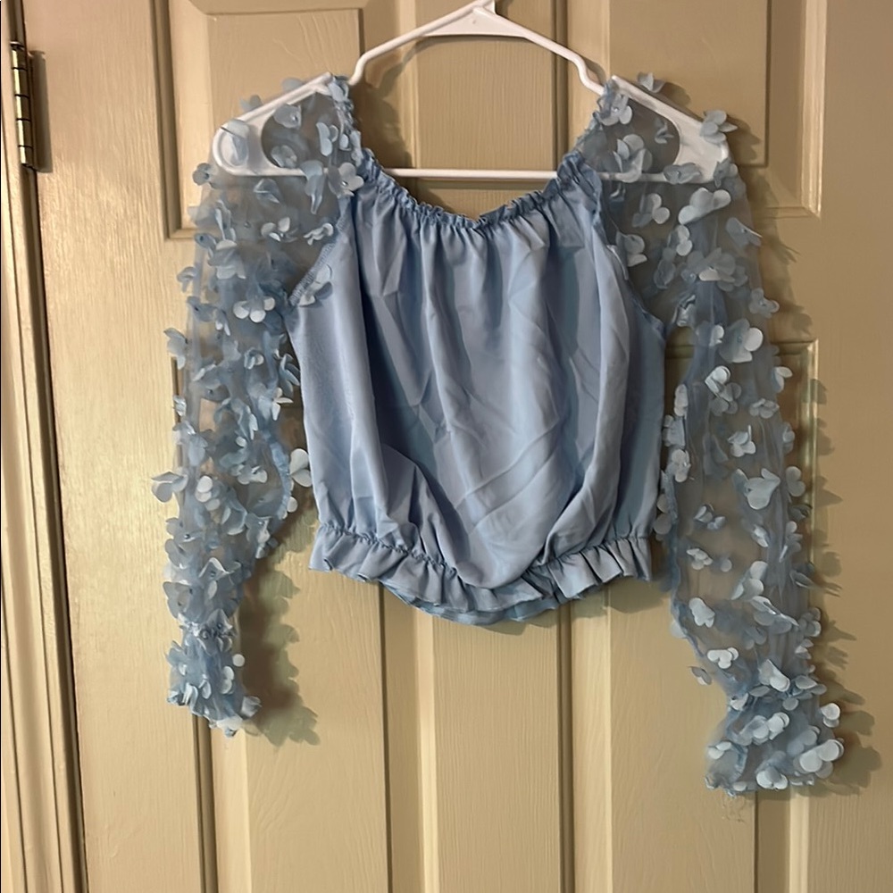 Elegant Blue Women's crop Top with Floral Sleeves